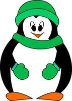 Smiling penguine with green hat  scarf and mittens  vector illustration on white background