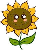 Cute smiling sunflower with green leaves vector illustration on white background