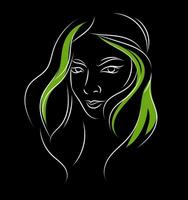 Simple black green and white  portrait sketch of a girl  vector illustration on black background with ehite frame