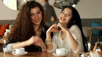 Two friends gesture love at the cafe video