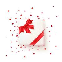 Square gift box with red silk ribbon and bow. Present for Valentines day decorated confetti. Vector