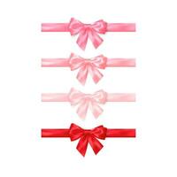 Set of realistic shiny red and pink bows isolated on white background. Decoration element for Valentines day or other holiday. Vector