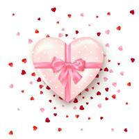 Gift in hearts shaped box with pink silk bow. Present for Valentine's day decorated confetti. Vector