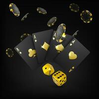 Gold dices black playing cards four aces and falling poker chips. Casino big win poster. 3d design element for gambling banner. Vector illustration