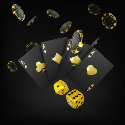 Gold dices black playing cards four aces and falling poker chips. Casino big win poster. 3d design element for gambling banner. Vector illustration