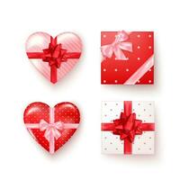 Set of gift boxes with silk bows in realistic style top view. Square and heart shape boxes. Vector isolated on white