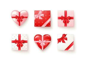 Set of gift boxes with silk bows in realistic style top view. Square and heart shape boxes different colors. Vector