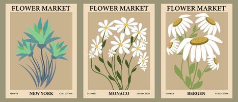 Set of daisy flower market posters.Abstract floral illustration. Template for cards, wall art, banner, background. Vector illustration.