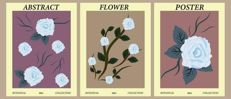 Set of abstract floral posters. Trendy botanical wall art with rose designs in bed colors. Modern interior decorations. Vector illustration.