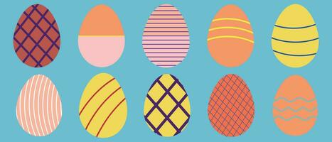 Set of Easter eggs in retro style colors with decoration elements. Vector illustration.