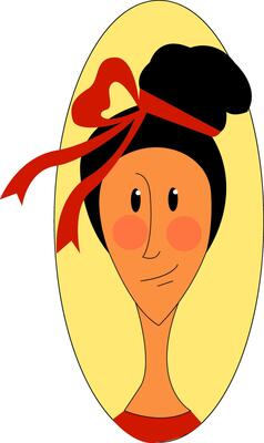 Cartoon girl with red bow in yellow elipse vector illustration on white background