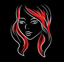 Simple black red and white  portrait sketch of a girl  vector illustration on black background with ehite frame