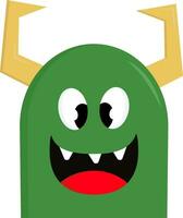 Happy green monster with yellow horns  vector illustration on white background