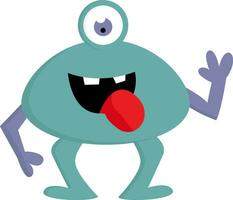 Happy blue one-eyed monster with violet arms and open mouth  vector illustration on white background