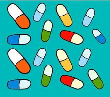 Texture of colorfull pills on blue background and white frame  vector illustration