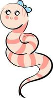 Vector illustration of a cute  smiling  pink worm with a blue hair bow  white background