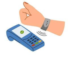Person pays for a purchase by smart watch. Contactless cashless wireless payment set. Hands paying with bank debit cards, POS terminal, QR scanner, mobile phone app and smartwatch. Vector illustration