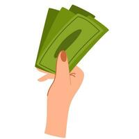 Hand holds dollar bills. Concept of financial operation. Payment and Cash back. Money investment and business commerce. Vector flat illustration