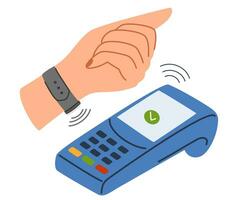 pago en sin contacto y inalámbrico forma, aislado terminal con mano vistiendo reloj inteligente con NFC. transacción y bancario sistema, tienda vendedor y cliente. vector en plano estilo ilustración