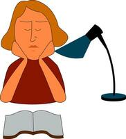 Girl reading a book at a table with a table lamp   vector illustration on white background