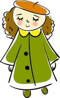 sonriente niña en un naranja boina y verde Saco vector ilustración en blanco antecedentes