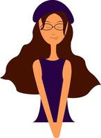 Portraite of a girl in purple dress  long brown hair and eyeglasses  vector illustration on white background