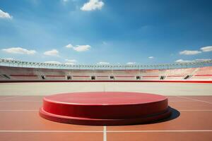 AI generated A red podium in the center of the stadium, surrounded by empty seats. Sports competition concept. Generated by artificial intelligence photo