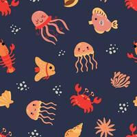 Seamless pattern with sea animals. Crabs, crayfish, jellyfish, fish. Infinite design for your design. vector