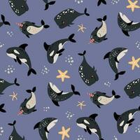 Seamless pattern with sea animals. Shark, killer shark, whale, narwhal. vector