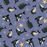 Seamless pattern with sea animals. Shark, killer shark, whale, narwhal. vector