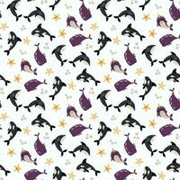 Seamless pattern with sea animals. Shark, killer shark, whale, narwhal. vector