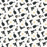 Seamless pattern with sea animals. Shark, killer shark, whale, narwhal. vector