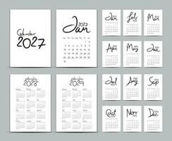 Desk calendar 2027 template set, Calendar 2028-2029, Lettering calendar, hand-drawn vector illustration, wall calendar 2027 year black and white, Set of 12 Months, Week starts Sunday, Stationery
