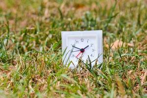 a small white clock in the grass photo
