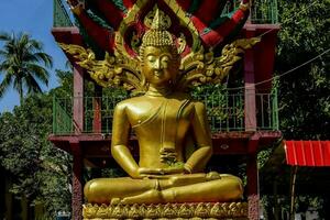 a large golden buddha statue in front of a building photo