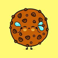 Crying Chocolate cookies character. Vector hand drawn cartoon kawaii character illustration icon. Isolated on yellow background. Sad Chocolate cookies character concept