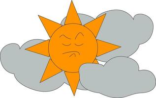 Angry sun in between clouds  illustration  print  vector on white background