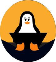 Cute little penguin working on a laptop at its lap vector or color illustration