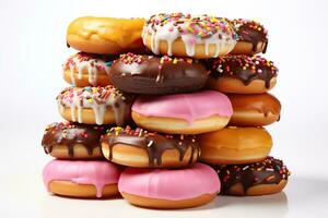 AI generated Donuts with glaze and confectionery sprinkles are stacked on a white background. Generated by artificial intelligence photo