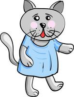A grey-colored cartoon cat in a blue dress vector or color illustration