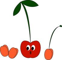 Clipart of a small red cherry with a stem and two leaves vector or color illustration