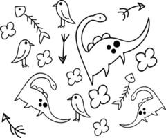 Childish doodle of dinosaurs flower and fish vector or color illustration