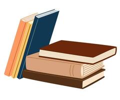 Stacks of books for reading. Literature, dictionaries, encyclopedias, planners with bookmarks. Pile of textbooks for education. Colored flat vector illustration isolated on white background