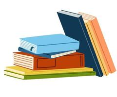 Stacks of books for reading. Literature, dictionaries, encyclopedias, planners with bookmarks. Pile of textbooks for education. Colored flat vector illustration isolated on white background