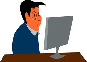 An office worker working in his office is seated in front of his desktop vector color drawing or illustration