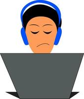 A programmer with his headphones is working on a laptop and expresses an unpleasant mood vector color drawing or illustration