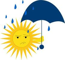 A sad sun holding a blue umbrella with its one hand on a rainy day vector color drawing or illustration