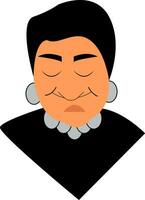 Grumpy face of an old woman in black dress and wearing stylish jewelries vector color drawing or illustration