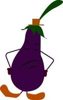 An eggplant emoji wearing a hat and placing its hands in its waist vector color drawing or illustration