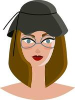 Blue eyed girl wearing a retro style grey hat and blue eyeglass vector color drawing or illustration